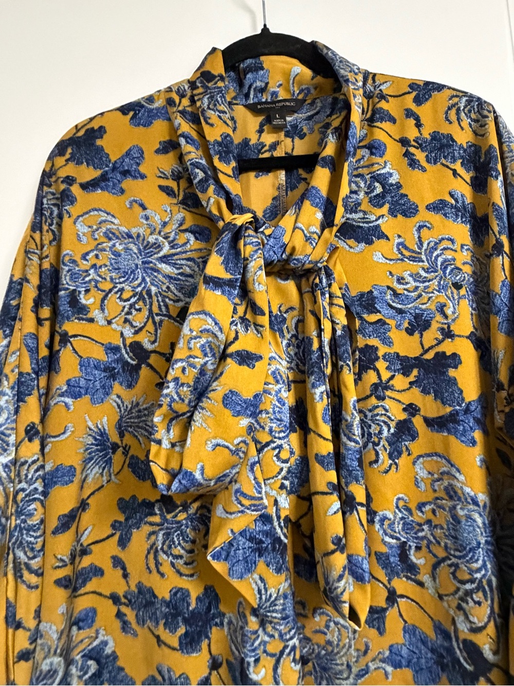 Banana Republic Yellow and Blue Floral Tie-Neck Blouse